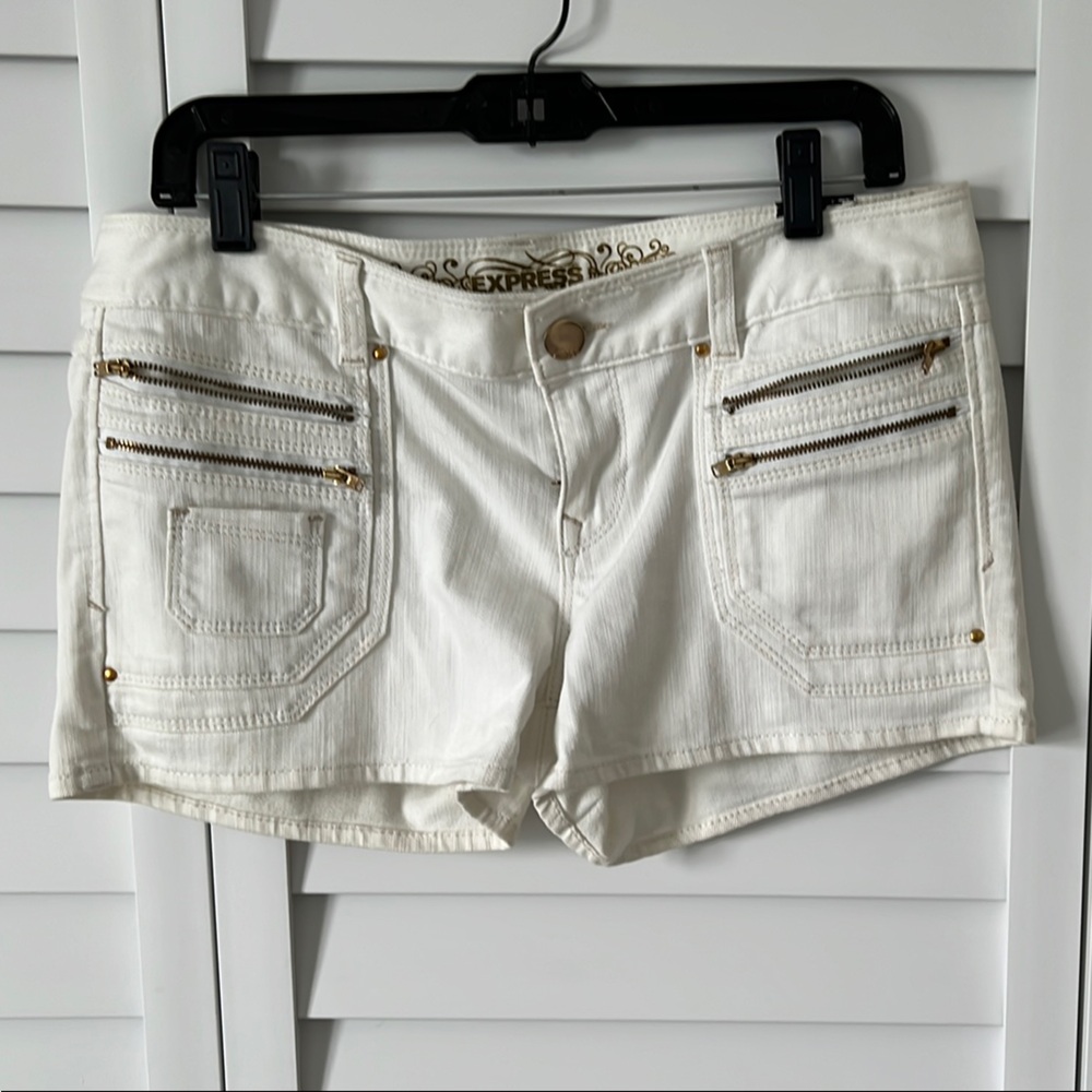 Express White and Gold Jean Shorts Classic Denim Style